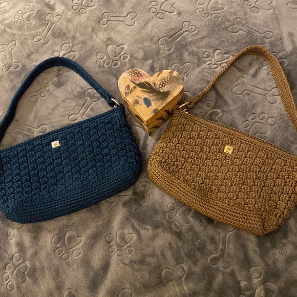 Lina bundle/2 crocheted bags purses tan brown handles - Picture 2 of 14